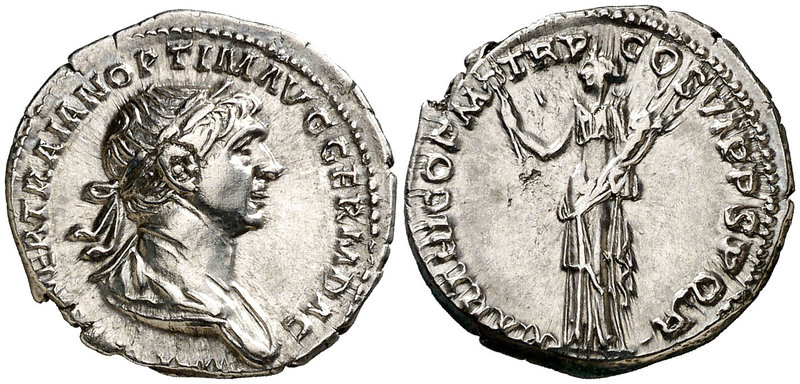 (117 d.C.). Trajano. Denario. (Spink 3141) (S. 191) (RIC. 332). 3,41 g. Ex Colec...
