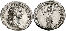 (117 d.C.). Trajano. Denario. (Spink 3141) (S. 191) (RIC. 332). 3,41 g. Ex Colección Manuela Etcheverría. EBC-.