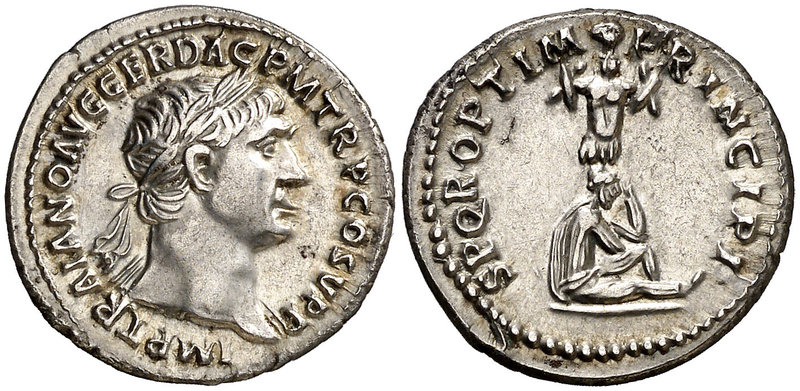 (104 d.C.). Trajano. Denario. (Spink 3169 var) (S. 537a) (RIC. 222). 3,29 g. EBC...