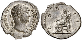 (126 d.C.). Adriano. Denario. (Spink 3475 var) (S. 328) (RIC. 172). 3,38 g. Bella. EBC+.