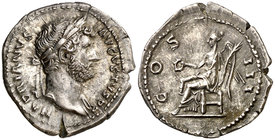 (128 d.C.). Adriano. Denario. (Spink falta) (S. 363a) (RIC. 345 var). 3,42 g. EBC/EBC-.