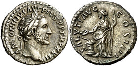 (159-160 d.C.). Antonino pío. Denario. (Spink 4106) (S. 741) (RIC. 305). 3,25 g. EBC.