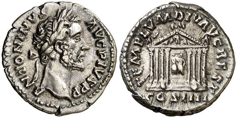 (158 d.C.). Antonino pío. Denario. (Spink 4107 var) (S. 809) (RIC. 143). 3,39 g....