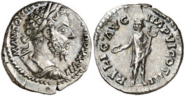 (173 d.C.). Marco Aurelio. Denario. (Spink 4926) (S. 530c) (RIC. 285 var). 3,43 g. EBC-.