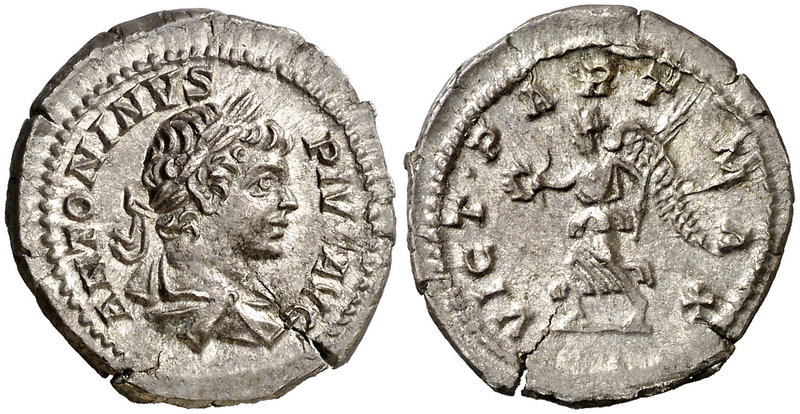 (204 d.C.). Caracalla. Denario. (Spink 6895) (S. 658) (RIC. 144b). 3,55 g. Griet...