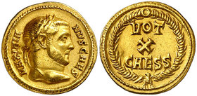 (296-303 d.C.). Galerio Maximiano. Aquileia. Áureo. (Spink 14233) (Co. 238) (RIC. 5b, mismos cuños) (Calicó 4959). 5,24 g. Golpecito en anverso. Ex Tr...