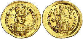 (408-420 d.C.). Teodosio II. Constantinopla. Sólido. (Spink 21127) (Ratto 147) (RIC. 202). 4,40 g. EBC-.
