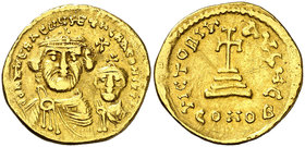 Heraclio y Heraclio Constantino (610-641). Constantinopla. Sólido. (Ratto 1364 var) (S. 738). 4,32 g. Rayitas en reverso. MBC.