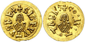 Sisebuto (612-621). Tarraco (Tarragona). Triente. (CNV. 275.4) (R.Pliego 255e, mismo ejemplar). 1,41 g. Bella. Rarísima. EBC-.