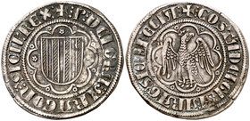 Pere II (1276-1285). Sicília. Pirral. (Cru.V.S 328) (Cru.C.G. 2145) (MIR. 174) (V.Q. 5481, mismo ejemplar). 3,14 g. MBC.
