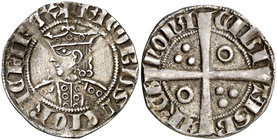 Jaume II (1291-1327). Barcelona. Croat. (Cru.V.S. 335.1) (Cru.C.G. 2152a). 2,92 g. Dos-tres-tres y dos anillos en el vestido. A y U góticas. Busto anc...