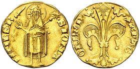 Pere III (1336-1387). Perpinyà. Florí. (Cru.V.S. 375) (Cru.C.G. 2198). 3,44 g. Marca: espada. Bella. Rara y más así. EBC-.