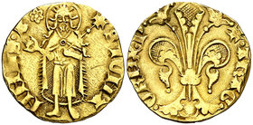 Pere III (1336-1387). Perpinyà. Florí. (Cru.V.S. 384) (Cru.C.G. 2206). 3,48 g. Marca: rosa de anillos. Rayita. Buen ejemplar. MBC+.