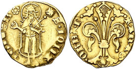 Pere III (1336-1387). Perpinyà. Florí. (Cru.V.S. 384) (Cru.C.G. 2206). 3,41 g. Marca: rosa de anillos. Atractiva. Escasa así. EBC-.