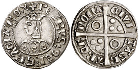 Pere III (1336-1387). Barcelona. Croat. (Cru.V.S. 402) (Cru.C.G. 2220b). 3,19 g. Flores de seis pétalos en el vestido. Letras A y U latinas. La primer...