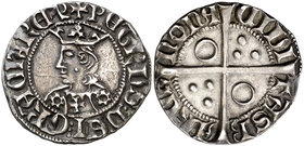 Pere III (1336-1387). Barcelona. Croat. (Cru.V.S. 407) (Badia 298, mismo ejemplar) (Cru.C.G. falta). 3,16 g. Flores de seis pétalos y cruz en el vesti...