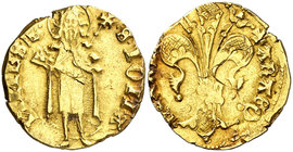 Martí I (1396-1410). València. Florí. (Cru.V.S. 505) (Cru.C.G. 2297). 3,43 g. Marca: corona (acuñada sobre la B de la leyenda). Grieta. Bonito color. ...