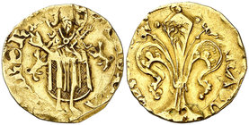 Alfons IV (1416-1458). Mallorca. Florí. (Cru.V.S. 802) (Cru.C.G. 2844). 3,43 g. Marca: perros. Sirvió como joya. BC+.