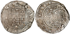 Reyes Católicos. Burgos. 2 reales. (Cal. falta) (V.Q. 6560, mismo ejemplar). 6,65 g. Hasta ahora sólo se conocían los 4 y 8 reales con esta marca. Gri...