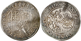 Reyes Católicos. Segovia. 1 real. (Cal. falta) (V.Q. 6589, mismo ejemplar). 3,15 g. Alabeada. Rara. (MBC-).