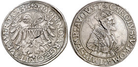 1543. Carlos I. Donanwörth. 1 taler. (Dav. 9170) (Kr. MB3) (Ha. "El Duro" 2323). 28,95 g. A nombre de Carlos I. Grieta. Preciosa pátina. Rara variante...
