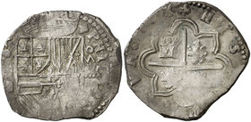 1595. Felipe II. Segovia. I. 4 reales. (Cal. 363). 13,82 g. Acuñación floja en pequeñas zonas. Muy rara. (MBC).