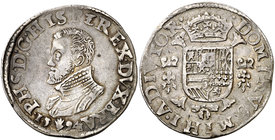 1594. Felipe II. Amberes. 1/2 escudo felipe. (Vti. 1046) (Vanhoudt 364.AN) (Pellicer "El Medio Duro" 440, mismo ejemplar). 17,08 g. Con el escusón de ...