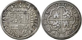1588. Felipe II. Segovia. 8 reales. (Cal. 191 var). 26,97 g. Acueducto de seis y cinco arcos, dos pisos. Leves manchitas. Buen ejemplar. Ex Selección,...