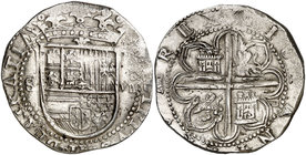 s/d. Felipe II. Sevilla. . 8 reales. (Cal. 235). 27,19 g. Flor de lis entre escudo y corona. Ex Colección Manuela Etcheverría. MBC.