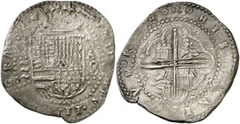 s/d. Felipe II. Valladolid. . 8 reales. (Cal. 277 var). 27,09 g. Escudo entre - /8/. Buen ejemplar. Parte de brillo original. Ex Colección Princesa de...