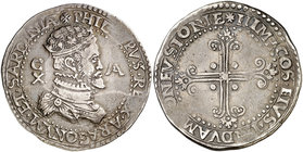 s/d. Felipe II. Cagliari. 10 reales. (Vti. 398) (MIR. 40). 28,76 g. Atractiva. Ex Künker 15/03/2016, nº 3276. Rara. MBC+.