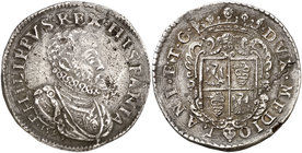 1591. Felipe II. Milán. 1 escudo. (Vti. 54) (MIR. 308/18). 31,88 g. Grieta. Leves impurezas. Rara. MBC/MBC+.