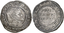 1572. Felipe II. Messina. 1 escudo/10 taris. (Vti. 221 var) (MIR. 312/3 var). 26,26 g. El 2 de la fecha tumbado. Bonita pátina. Ex Colección Princesa ...