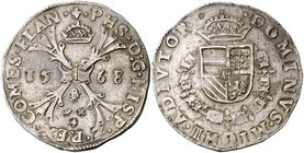 1568. Felipe II. Brujas. 1 escudo borgoña. (Vti. 1315) (Vanhoudt 290.BG). 29,14 g. El trazo superior del 8 de la fecha, recto. Buen ejemplar. Muy esca...