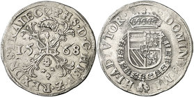 1568. Felipe II. Utrecht. 1 escudo borgoña. (Vti. 1324 var) (Vanhoudt 290.UT var). 28,92 g. Variante por marca de ceca retrógada, con el escudito part...