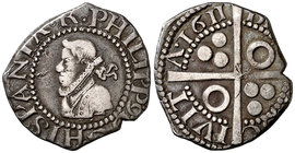 1611. Felipe III. Barcelona. 1/2 croat. (Cal. 531) (Badia falta) (Cru.C.G. 4341 falta var). 1,61 g. Letra A de CIVITA sin travesaño. Buen ejemplar. Es...