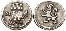 1796. Carlos IV. Santa Fe de Nuevo Reino. 1/4 de real. (Cal. 1428) (Restrepo 75-1). 0,92 g. Escasa. MBC+.