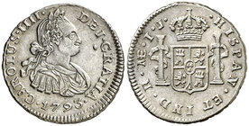 1793. Carlos IV. Lima. IJ. 1/2 real. (Cal. 1247). 1,75 g. Segundo busto propio. Ex Colección de 1 real, Áureo 16/12/2002, nº 1609. Ex Colección Godoy,...