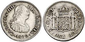 1802. Carlos IV. México. FT. 1/2 real. (Cal. 1297). 1,65 g. Ex Colección Manuela Etcheverría. MBC+/EBC-.