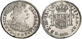 1793. Carlos IV. Lima. IJ. 1 real. (Cal. 1098). 3,22 g. Segundo busto propio. Oxidaciones limpiadas. Ex Colección Manuela Etcheverría. Escasa. (MBC+)....