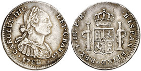 1792. Carlos IV. Potosí. PR. 1 real. (Cal. 1162). 3,28 g. Segundo busto propio. Leves rayitas. Atractiva. Ex Colección Manuela Etcheverría. Escasa. MB...