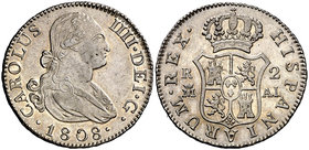 1808. Carlos IV. Madrid. AI. 2 reales. (Cal. 980). 5,87 g. Hojita en reverso. Bella. Brillo original. EBC.