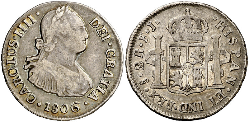 1806. Carlos IV. Santiago. FJ. 2 reales. (Cal. 1053). 6,68 g. Bonita pátina. Ex ...