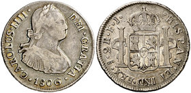 1806. Carlos IV. Santiago. FJ. 2 reales. (Cal. 1053). 6,68 g. Bonita pátina. Ex Colección Manuela Etcheverría. Rara. MBC-/MBC.