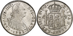 1792. Carlos IV. Lima. IJ. 8 reales. (Cal. 646). 27 g. Buen ejemplar. Ex Colección Manuela Etcheverría. MBC+/EBC-.