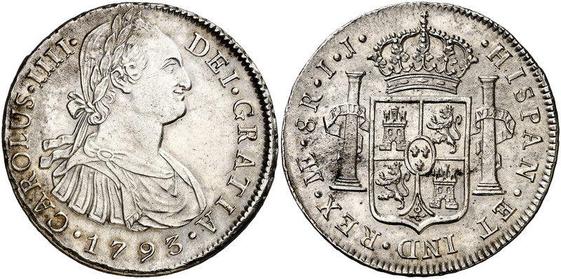 1793. Carlos IV. Lima. IJ. 8 reales. (Cal. 647). 27 g. Leves sombras. Atractiva....