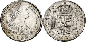 1793. Carlos IV. Lima. IJ. 8 reales. (Cal. 647). 27 g. Leves sombras. Atractiva. Ex Colección Manuela Etcheverría. EBC-.