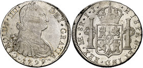 1799. Carlos IV. Lima. IJ. 8 reales. (Cal. 654). 27,26 g. Rayitas de acuñación. Parte de brillo original. Ex Colección Manuela Etcheverría. EBC-/EBC....