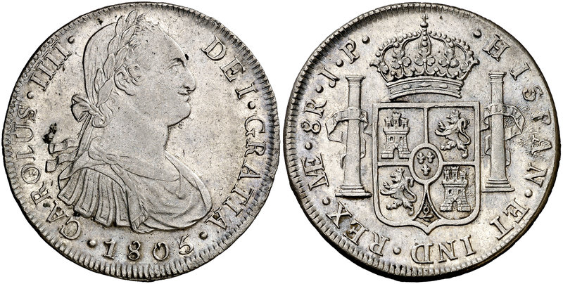 1805. Carlos IV. Lima. JP. 8 reales. (Cal. 662). 27,11 g. Parte de brillo origin...