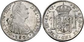 1805. Carlos IV. Lima. JP. 8 reales. (Cal. 662). 27,11 g. Parte de brillo original. Ex Colección Manuela Etcheverría. EBC-/EBC.